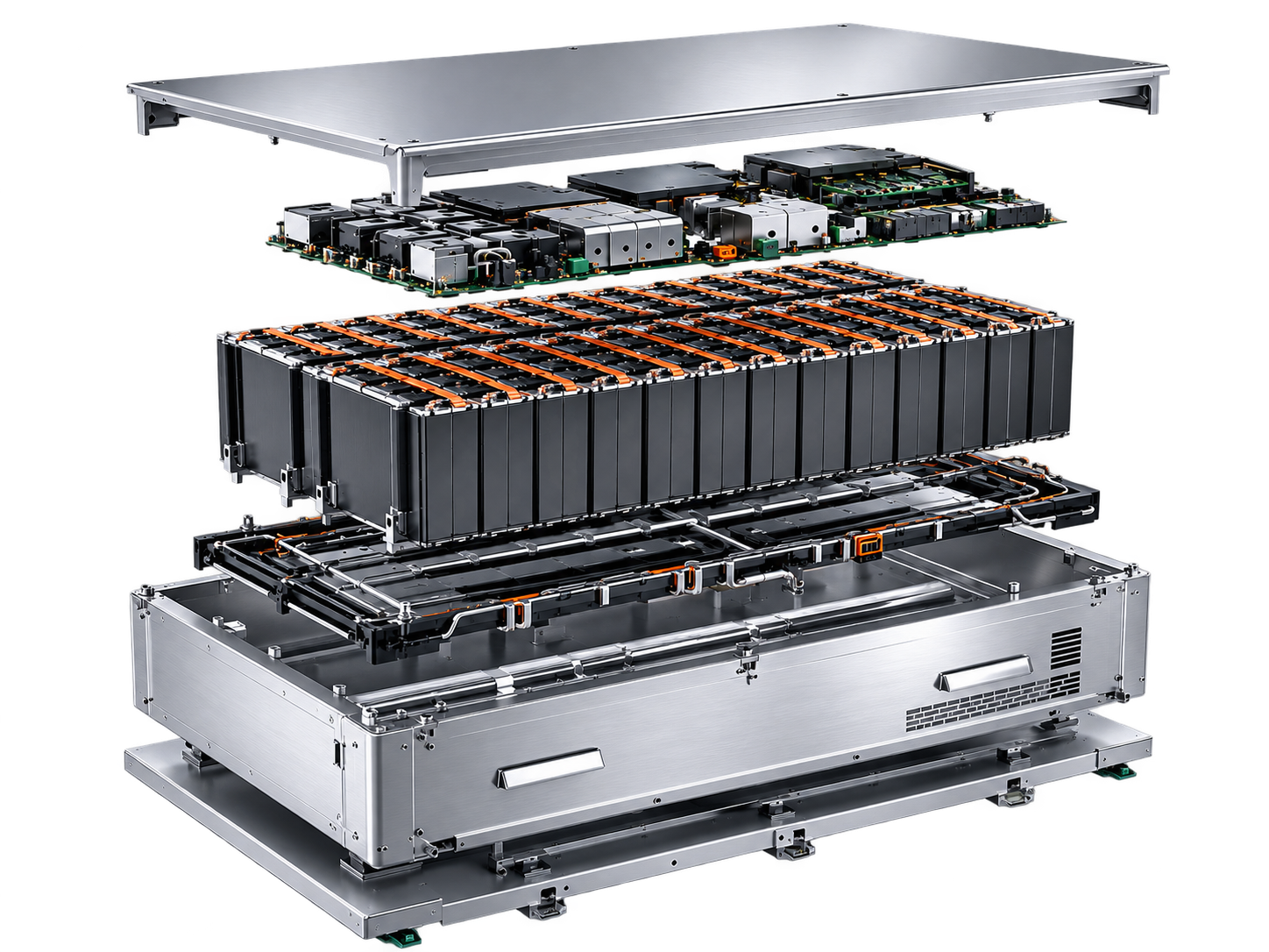 Exploded SolaCell Volt battery system showing enclosure, BMS, battery modules, thermal system and base frame
